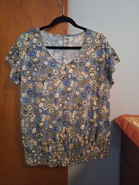 Sonoma Blue Floral Ruched Hem V-Neck Short Flutter Sleeve Top Women's Size 0X